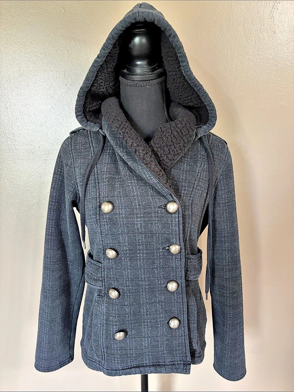 Maurices Women's Hooded Double-Breasted Pea Coat Black and Gray Large